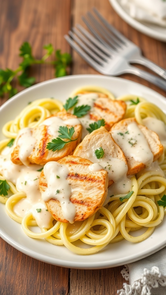 Zero Carb Keto Chicken Alfredo Creamy chicken alfredo on zucchini noodles, garnished with parsley, on a rustic table.